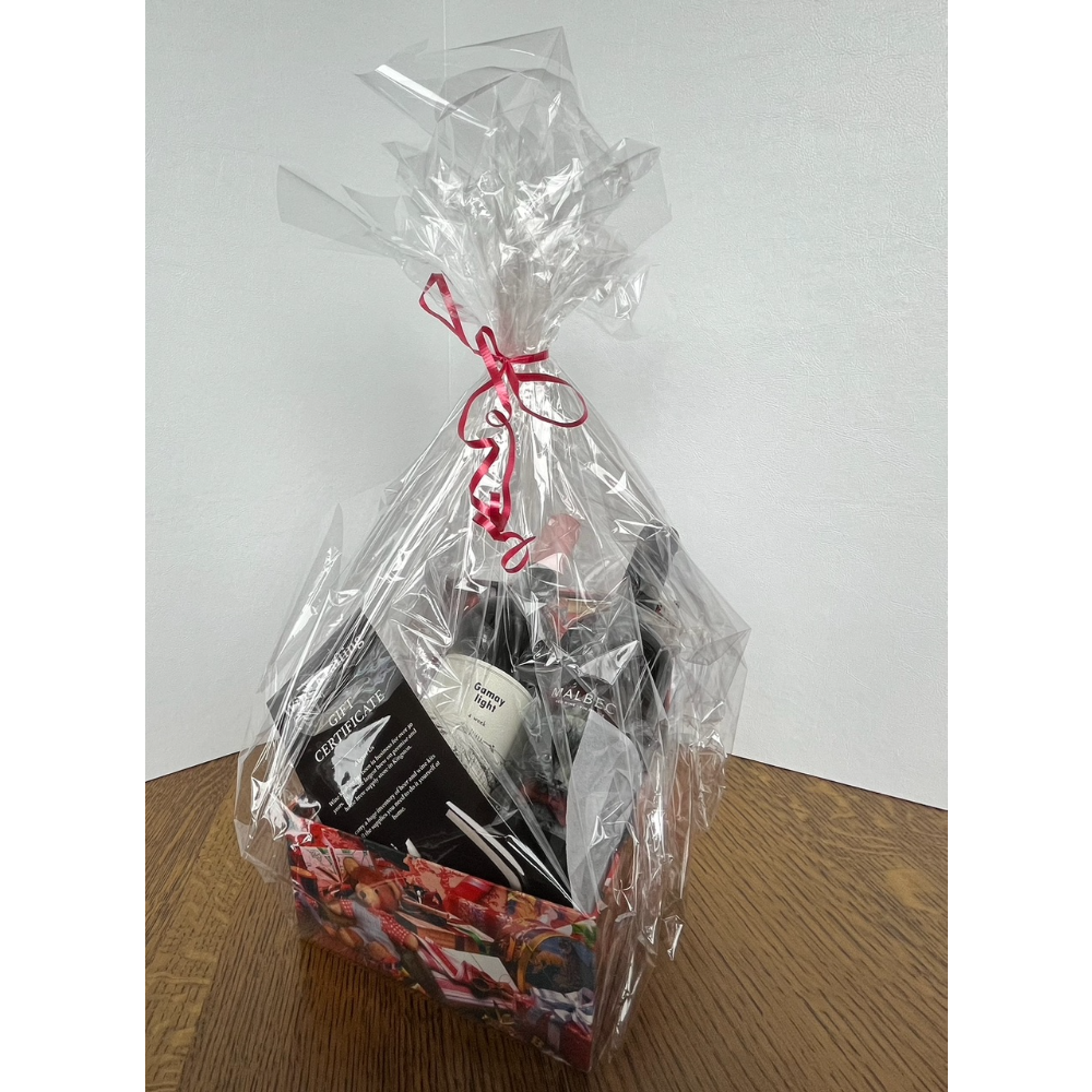 Gift basket with $25 gift certificate and 2 bottles of wine donated by Wine Krafting